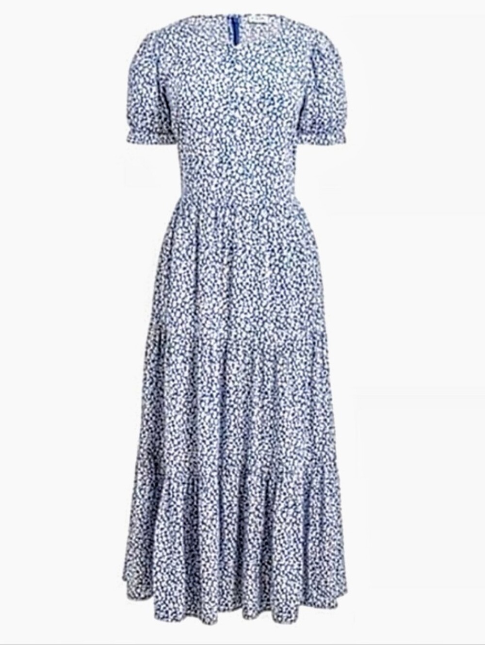 J. Crew Blue White Ditsy Floral Tiered Maxi Dress Short Sleeves, size M Cottage